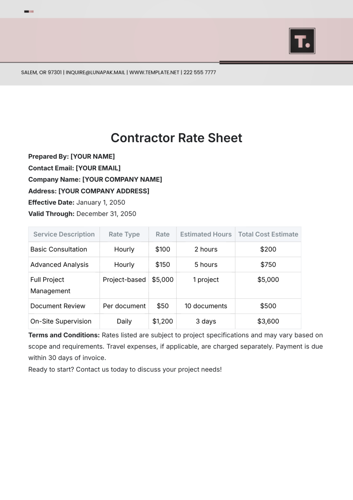 Free Contractor Rate Sheet Template to Edit Online Free Contractor Rate Sheet Template to Edit Online