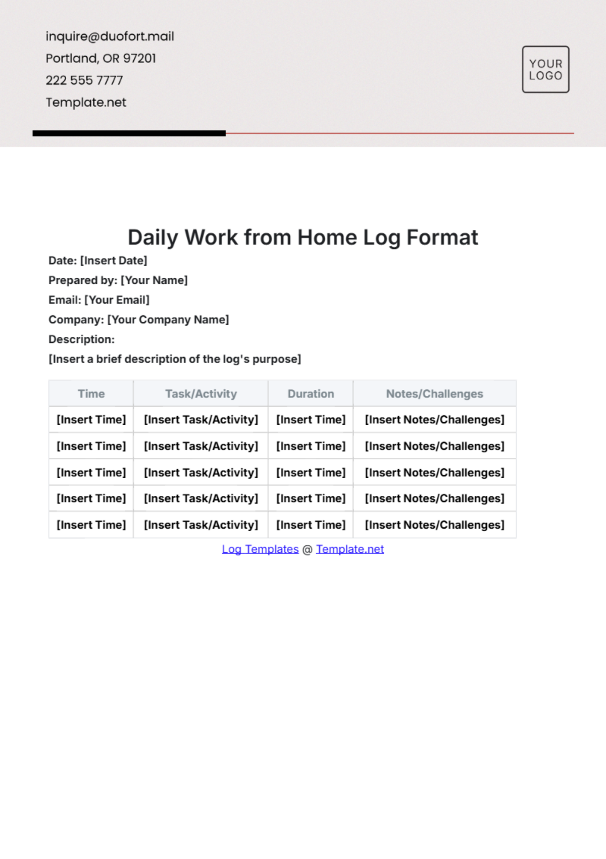 Free Daily Work from Home Log Format Template to Edit Online Free Daily Work from Home Log Format Template to Edit Online