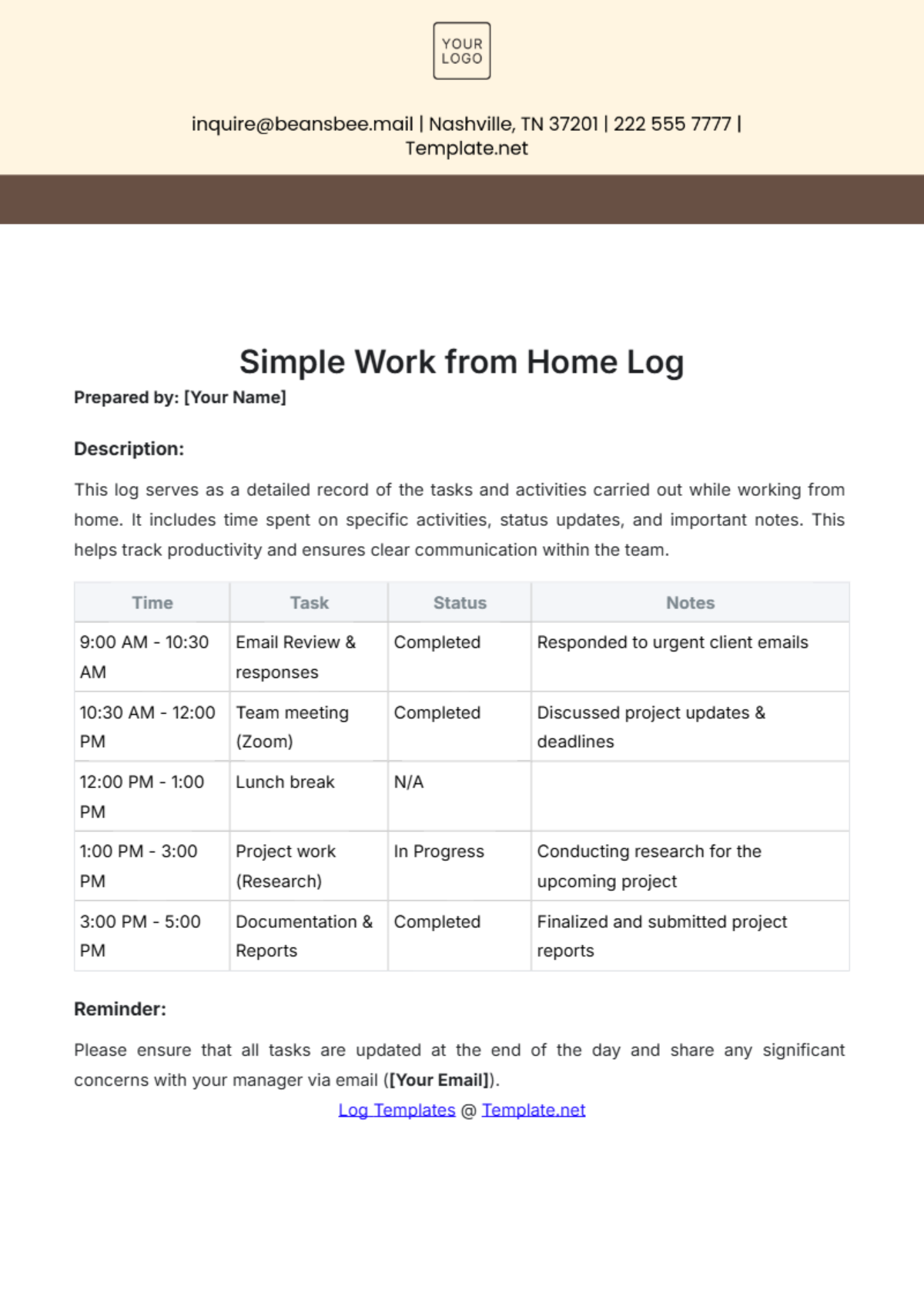 Free Simple Work from Home Log Template to Edit Online Free Simple Work from Home Log Template to Edit Online