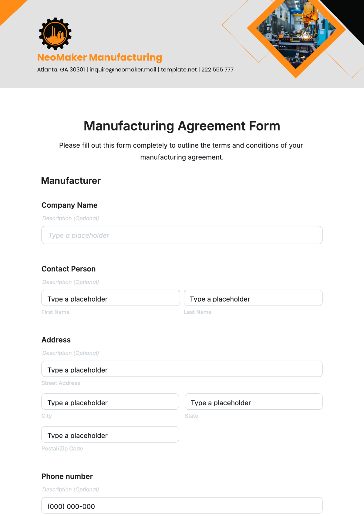 Manufacturing Agreement Form Template