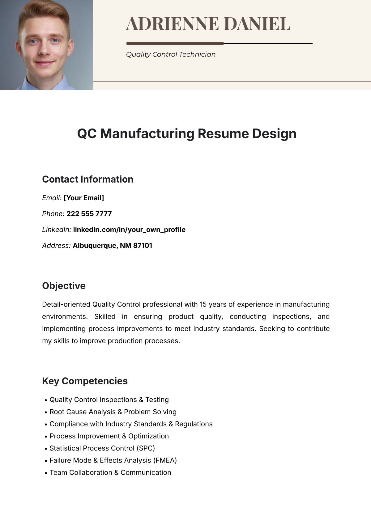 QC Manufacturing Resume Design Template