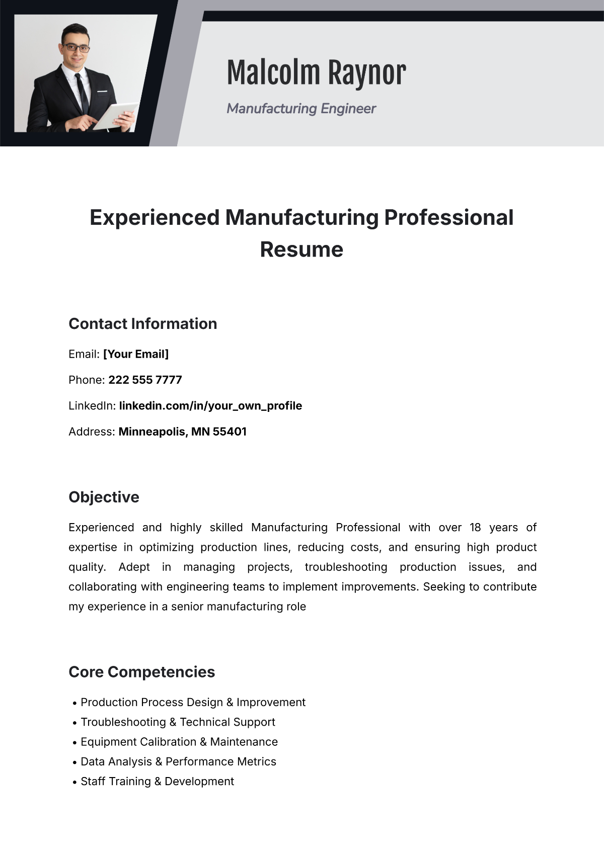 Experienced Manufacturing Professional Resume Template