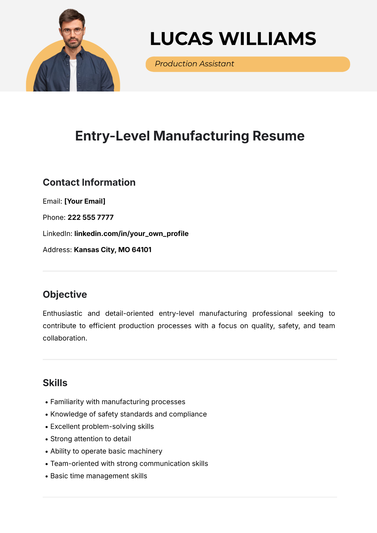 Entry-Level Manufacturing Resume Outline Template