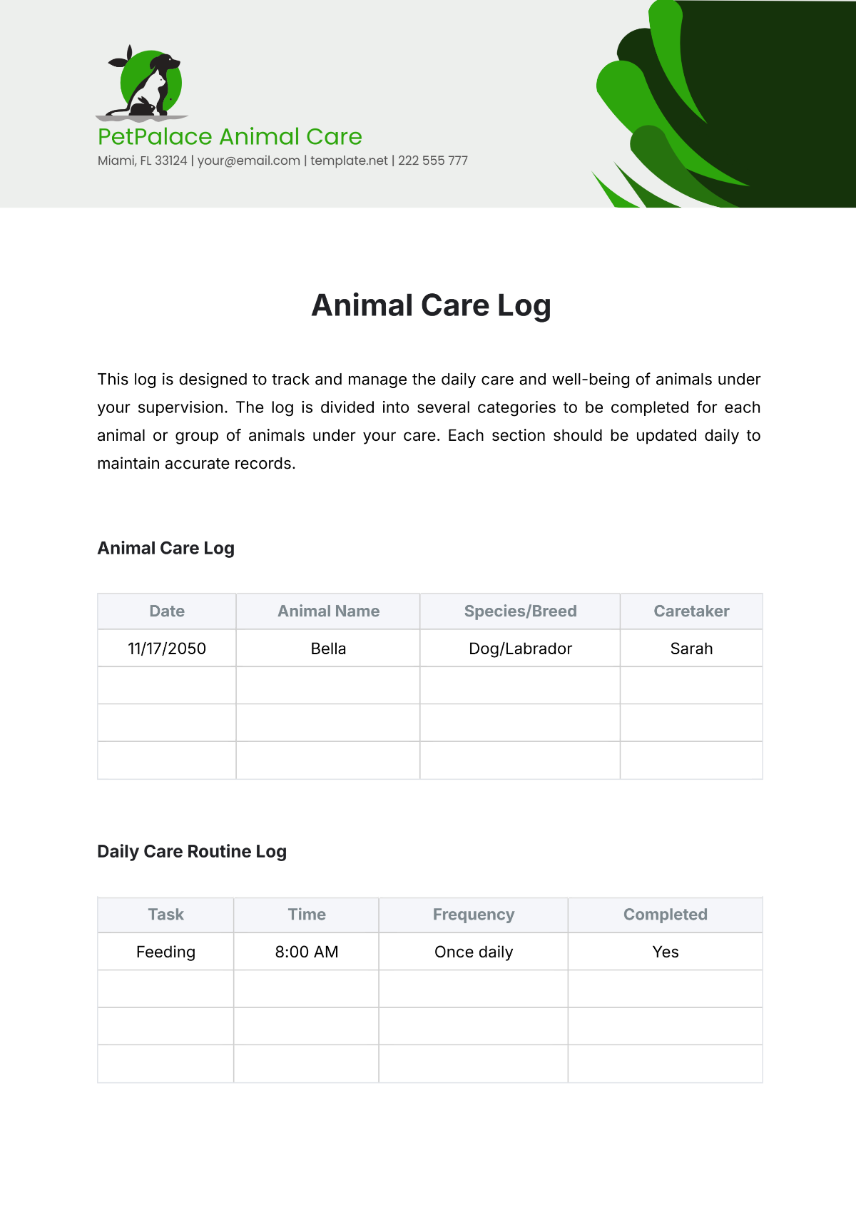 Free Animal Care Log Template to Edit Online Free Animal Care Log Template to Edit Online