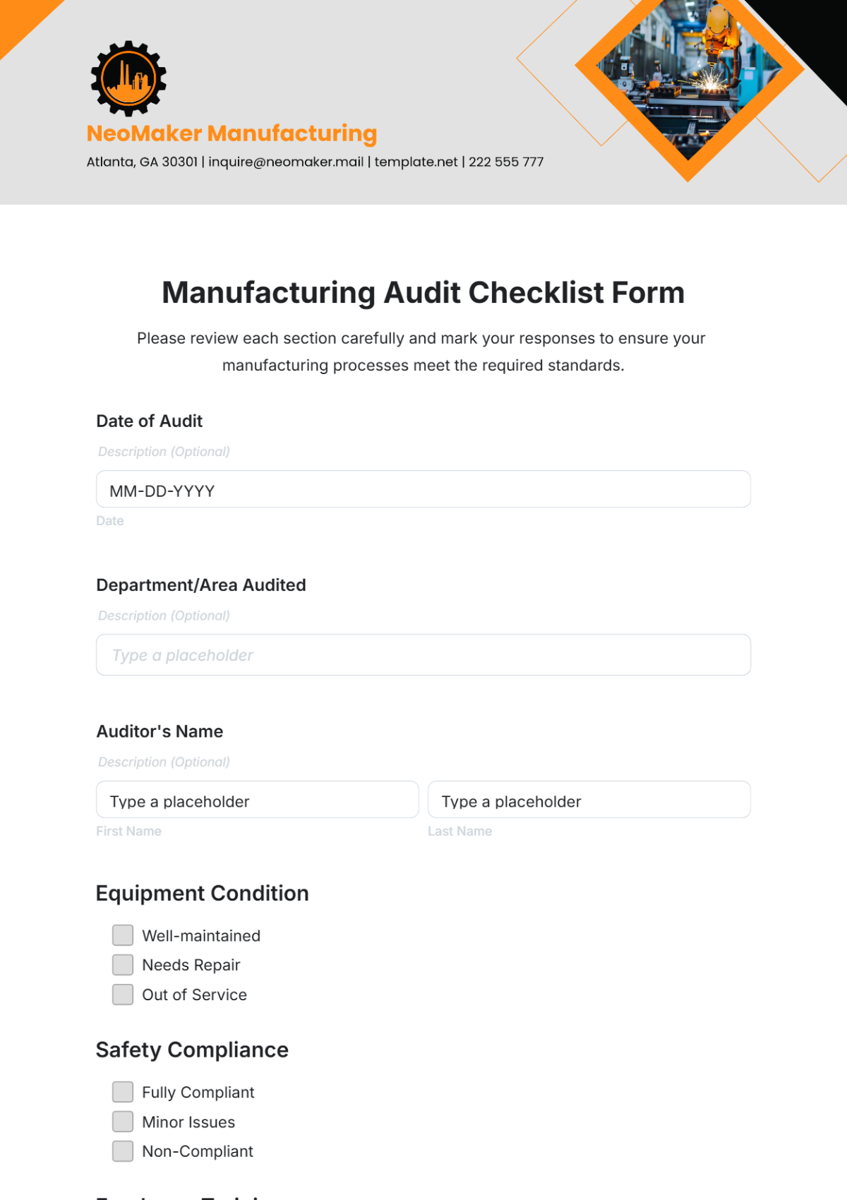 Manufacturing Audit Checklist Form Template