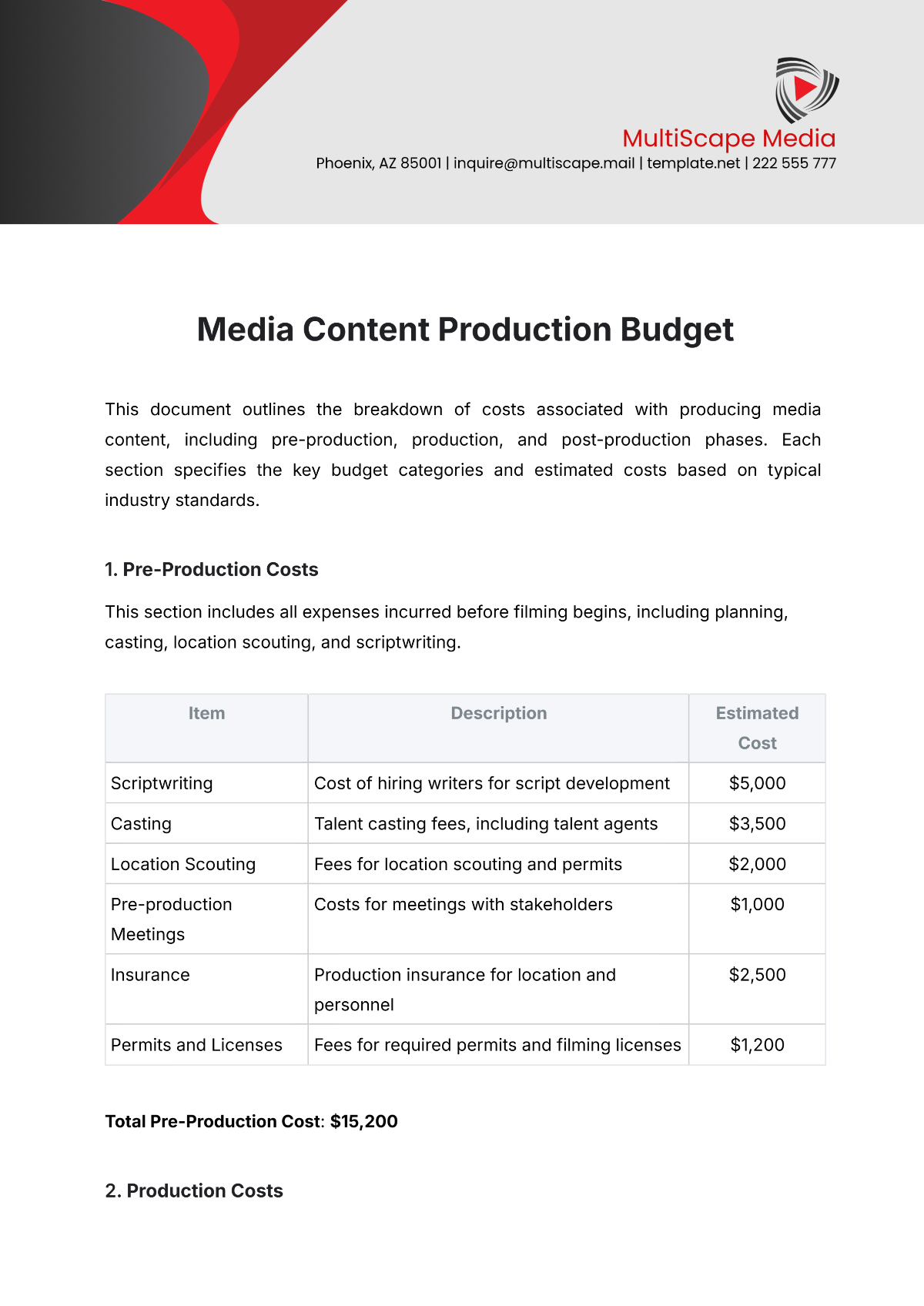 Free Media Content Production Budget Template to Edit Online Free Media Content Production Budget Template to Edit Online