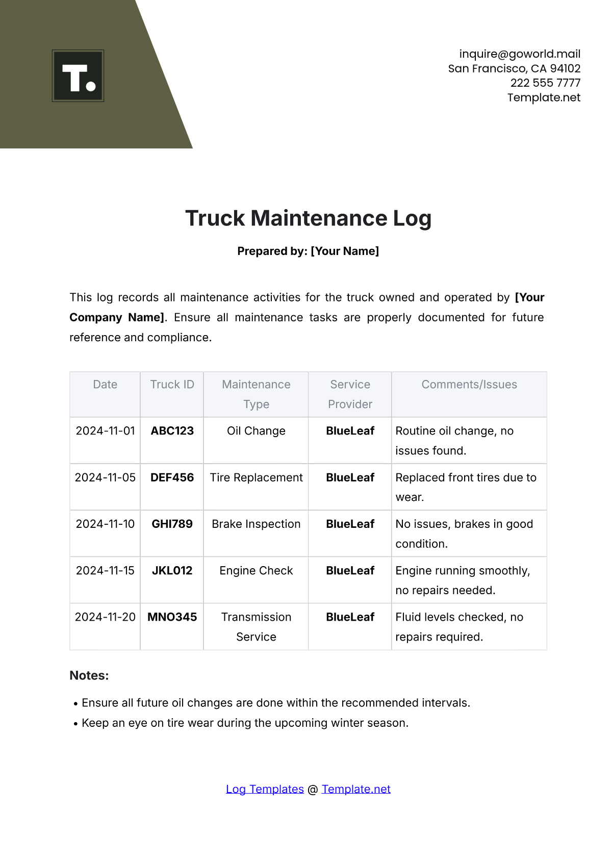 Free Truck Maintenance Log Template to Edit Online Free Truck Maintenance Log Template to Edit Online