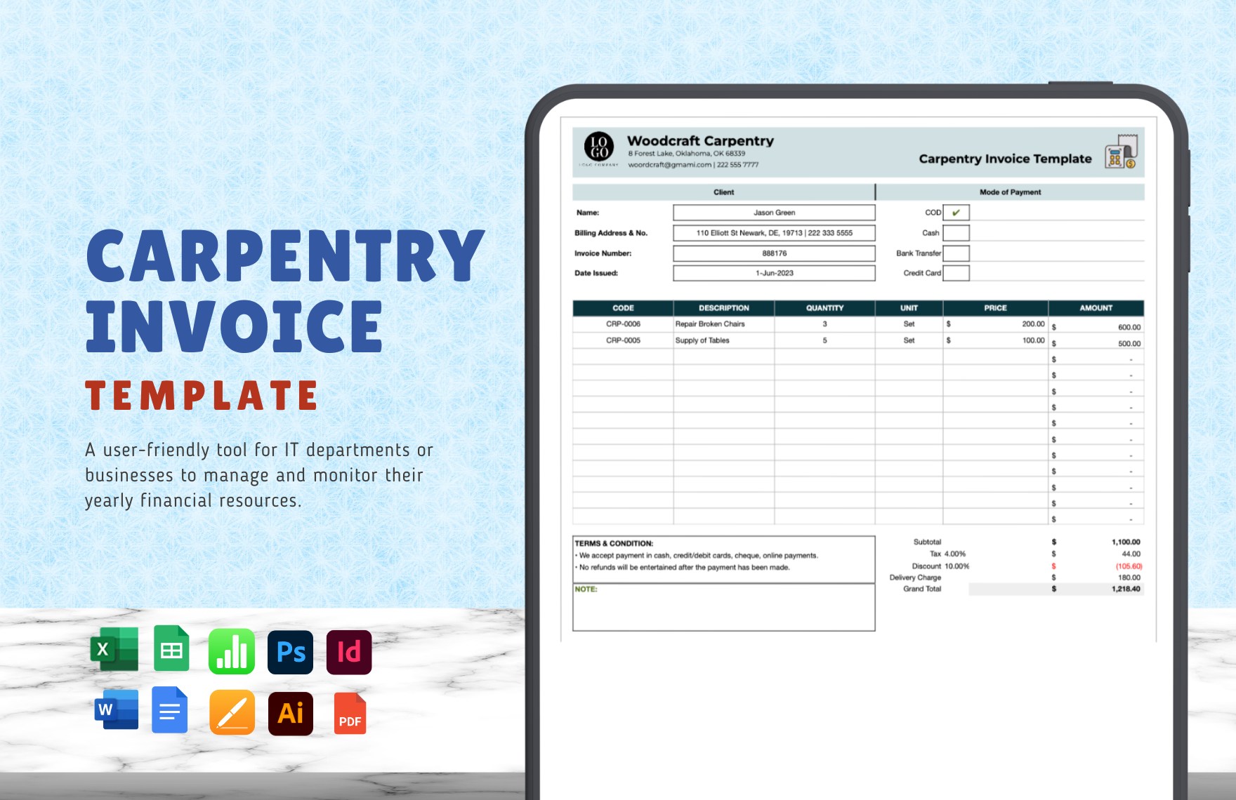 Carpentry Invoice Template in Google Docs, Apple Pages, Illustrator, PSD, Word, InDesign, PDF, Apple Numbers, Excel, Google Sheets - Download | Template.net Carpentry Invoice Template in Google Docs, Apple Pages, Illustrator, PSD, Word, InDesign, PDF, Apple Numbers, Excel, Google Sheets - Download | Template.net