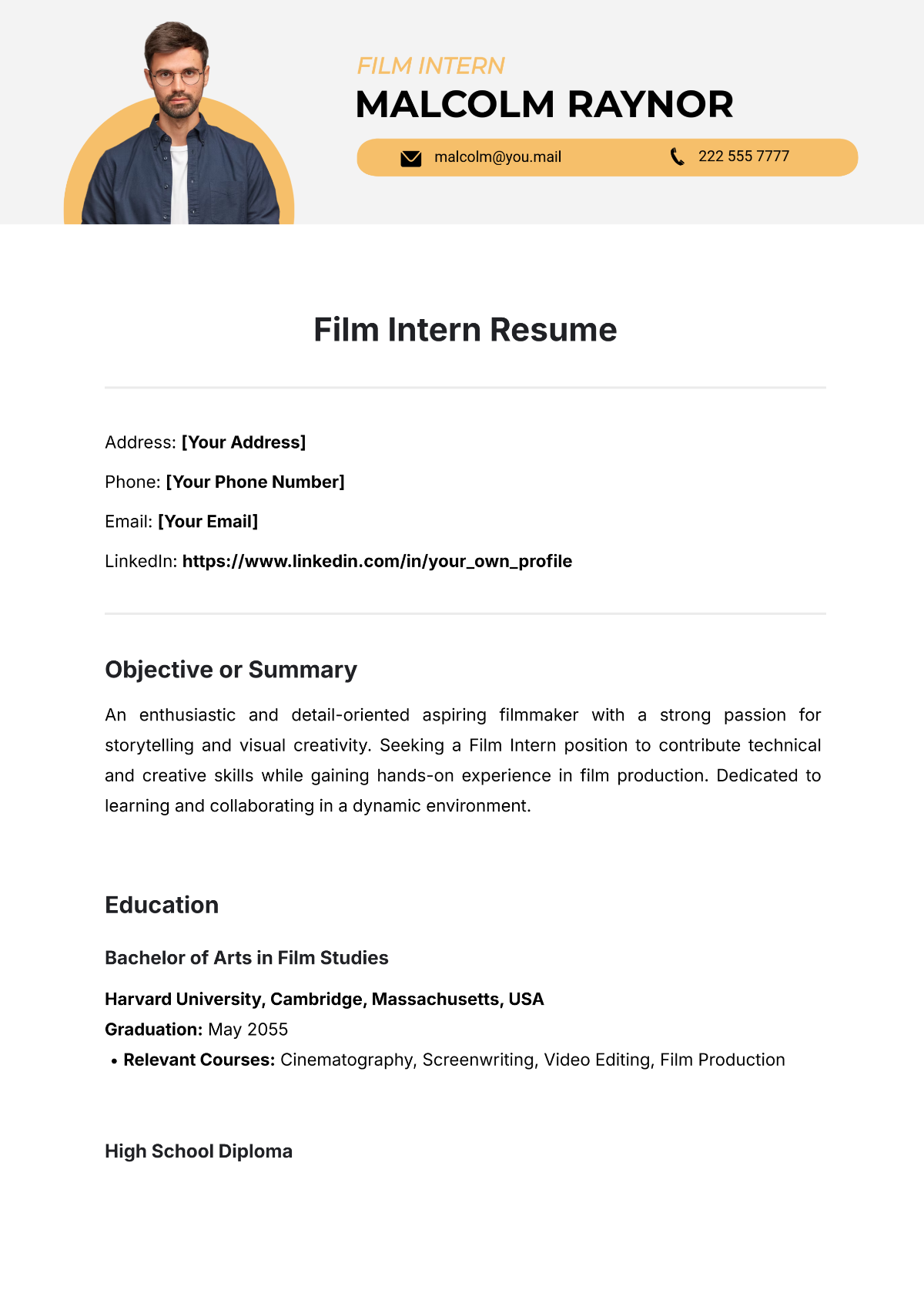 Free Film Intern Resume Template to Edit Online Free Film Intern Resume Template to Edit Online