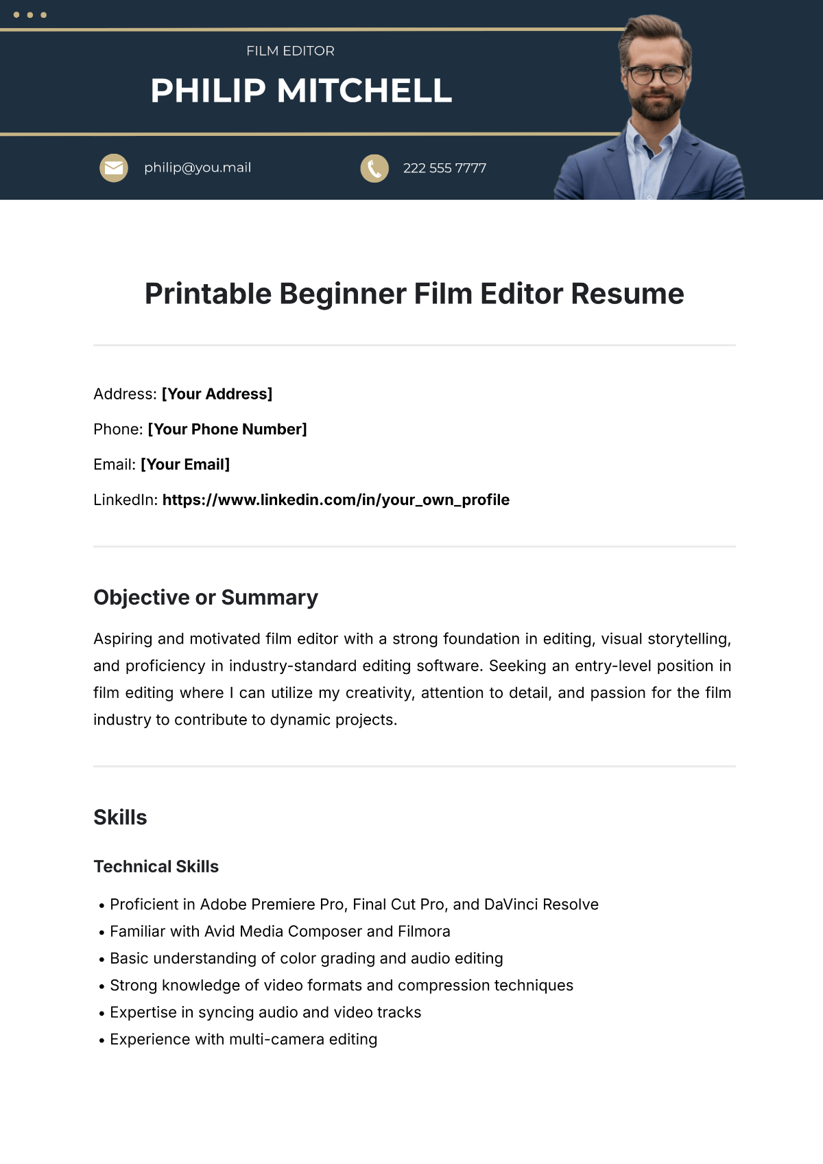 Free Printable Beginner Film Editor Resume Template to Edit Online Free Printable Beginner Film Editor Resume Template to Edit Online