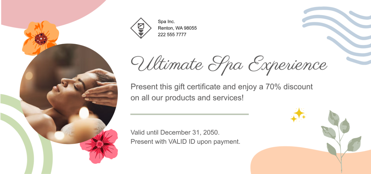 Free Colorful Spa Gift Certificate Template to Edit Online Free Colorful Spa Gift Certificate Template to Edit Online