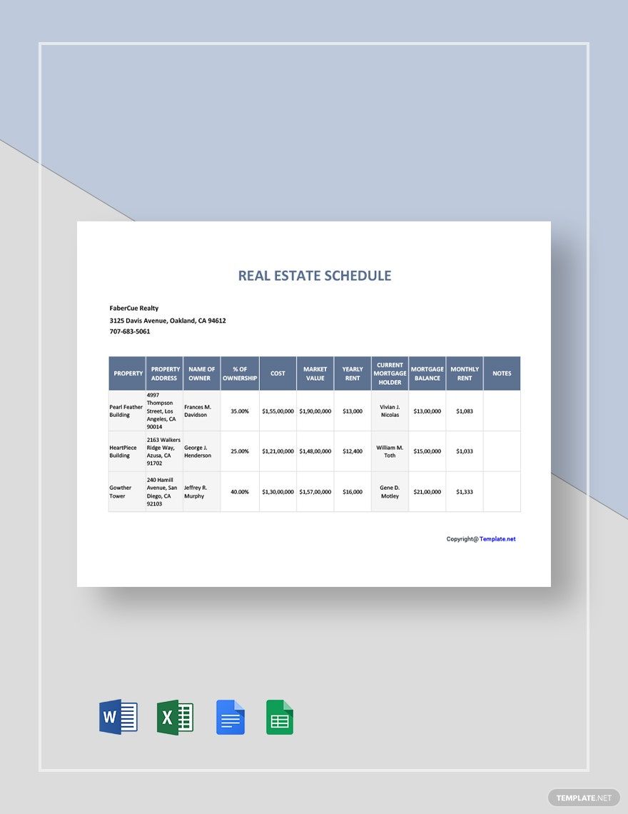 Sample Real Estate Schedule Template Sample Real Estate Schedule Template