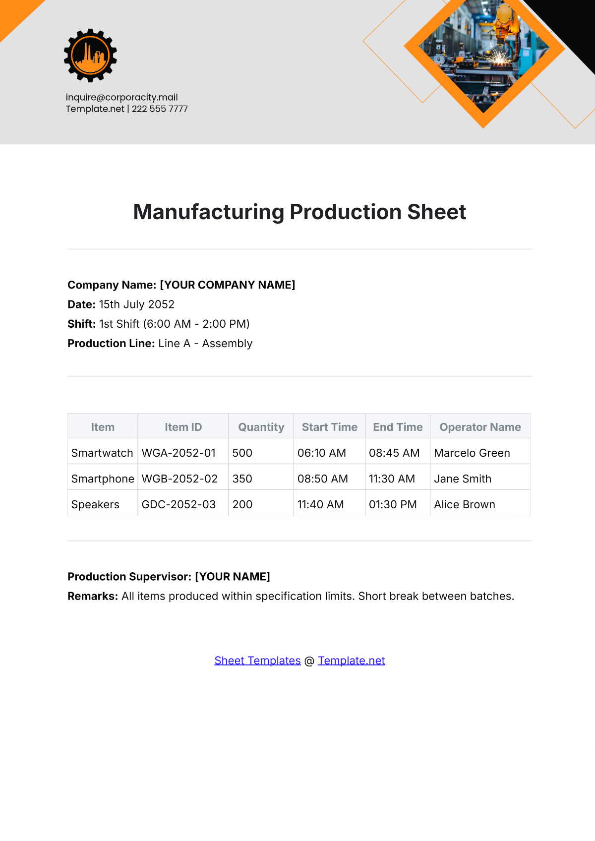 Manufacturing Production Sheet Template