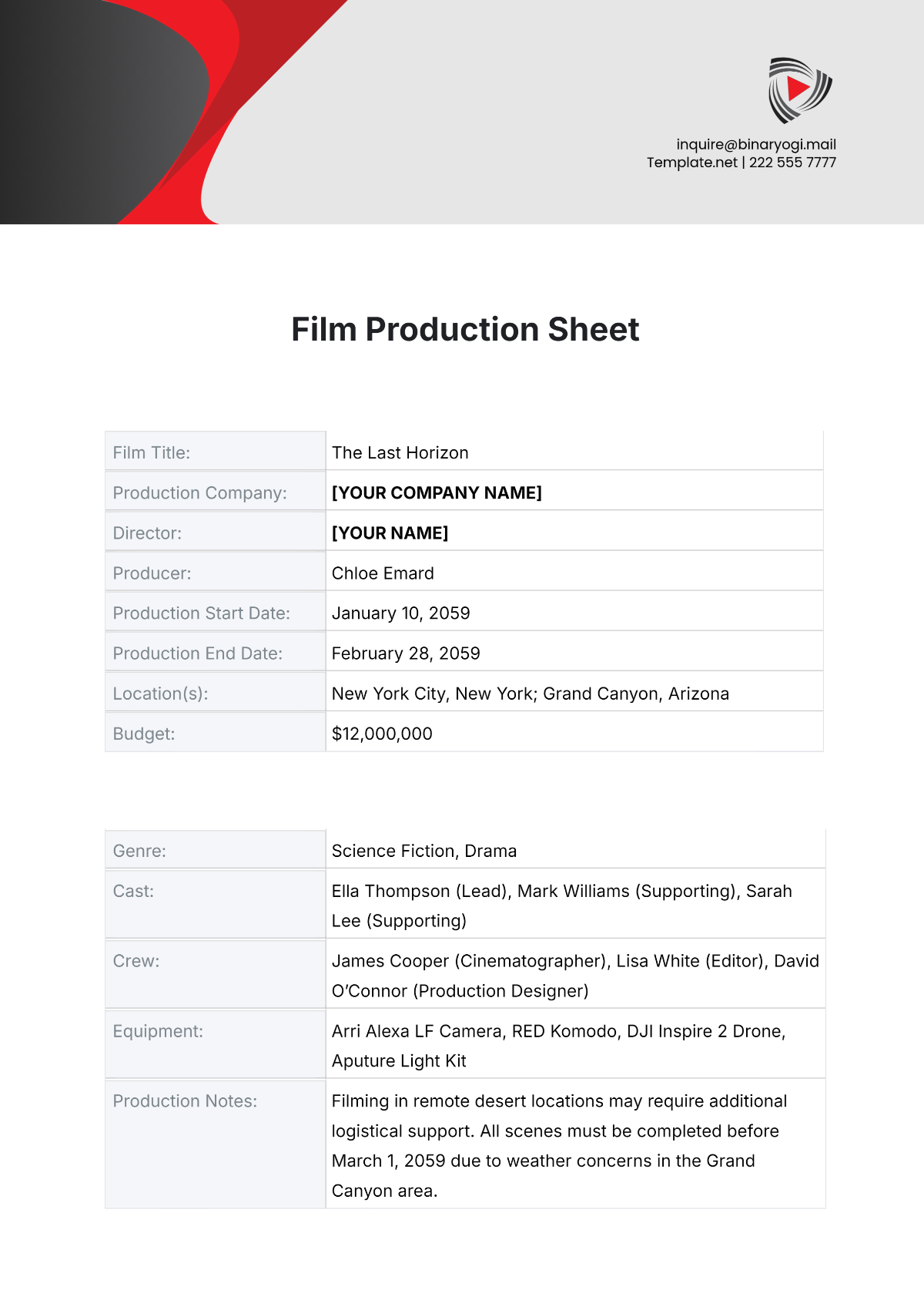 Free Film Production Sheet Template to Edit Online Free Film Production Sheet Template to Edit Online