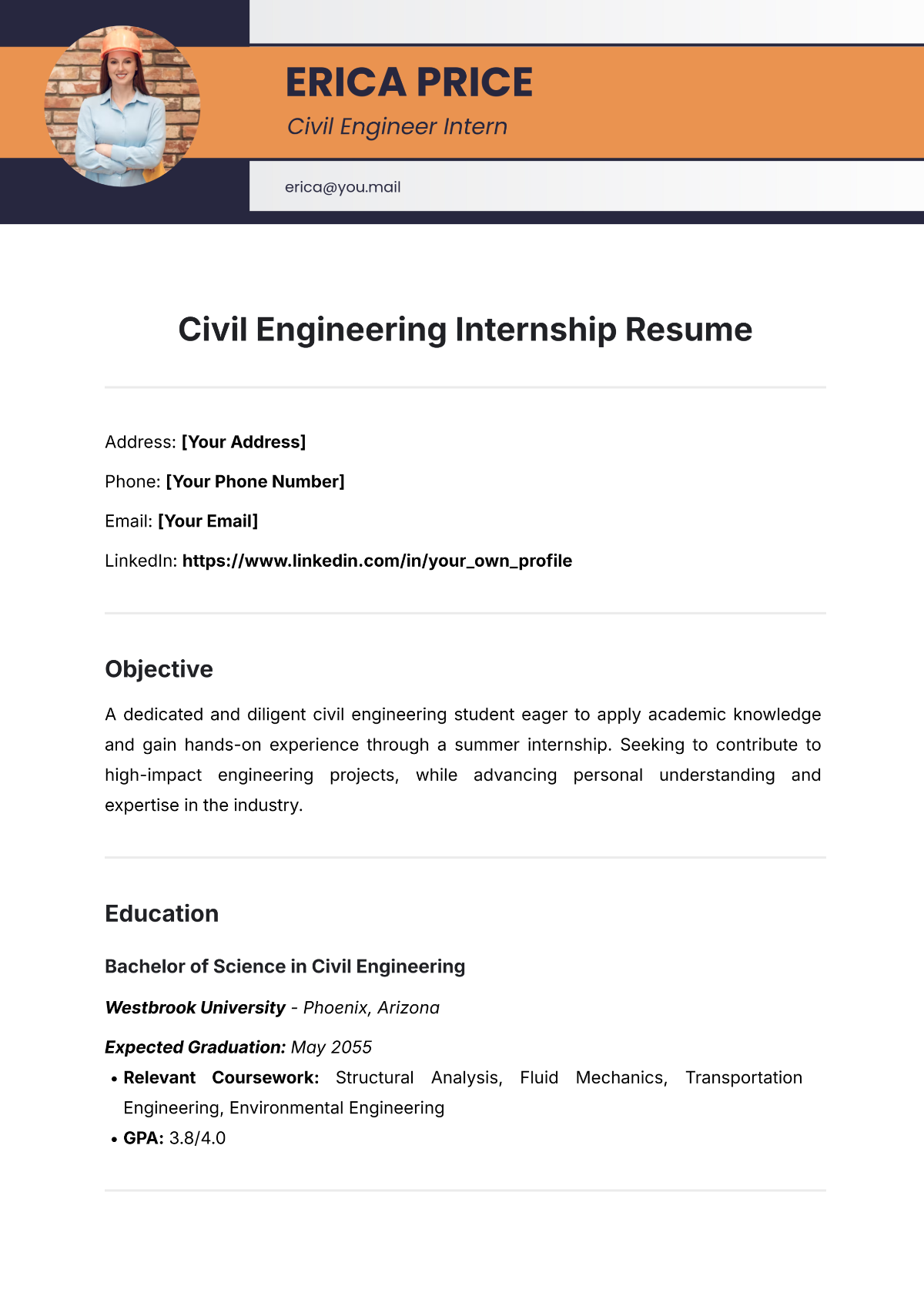 Free Civil Engineering Internship Resume Template to Edit Online Free Civil Engineering Internship Resume Template to Edit Online