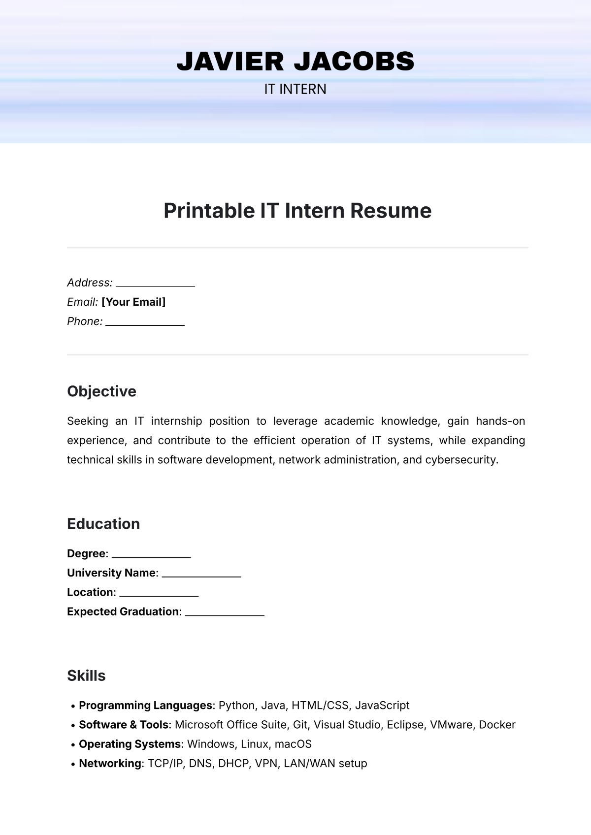 Free Printable IT Intern Resume Template to Edit Online Free Printable IT Intern Resume Template to Edit Online