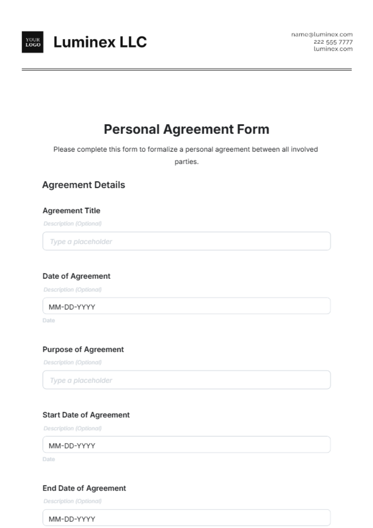 Free Personal Agreement Form Template to Edit Online Free Personal Agreement Form Template to Edit Online