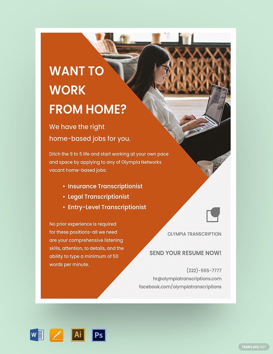 Work From Home Job Flyer Template in Word, PSD, Illustrator, Pages - Download | Template.net Work From Home Job Flyer Template in Word, PSD, Illustrator, Pages - Download | Template.net