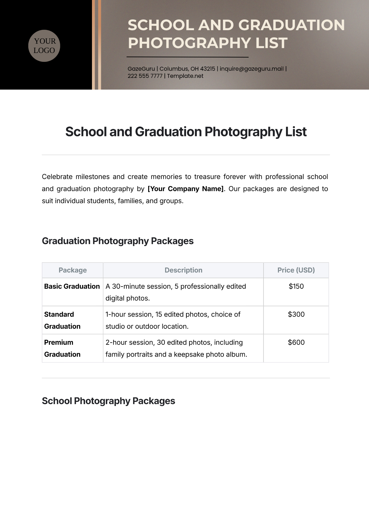 Free School and Graduation Photography List Template to Edit Online Free School and Graduation Photography List Template to Edit Online