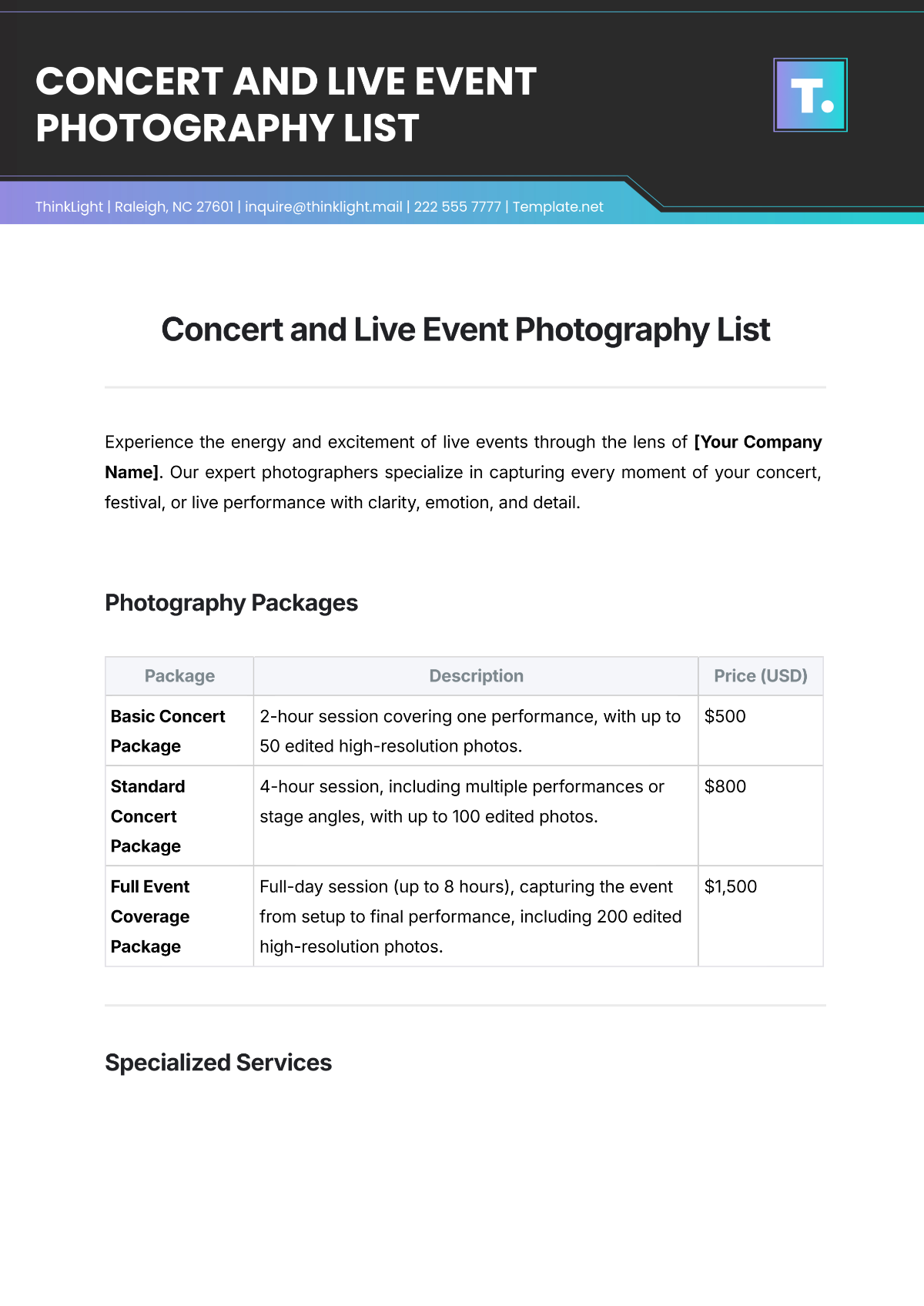Free Concert and Live Event Photography List Template to Edit Online Free Concert and Live Event Photography List Template to Edit Online