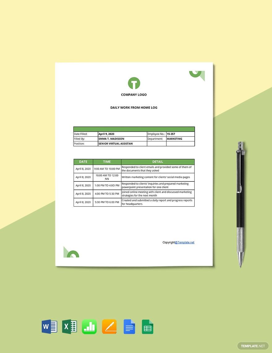 Daily Work From Home Log Template in Excel, Word, Apple Numbers, Pages, Google Sheets, Google Docs - Download | Template.net Daily Work From Home Log Template in Excel, Word, Apple Numbers, Pages, Google Sheets, Google Docs - Download | Template.net