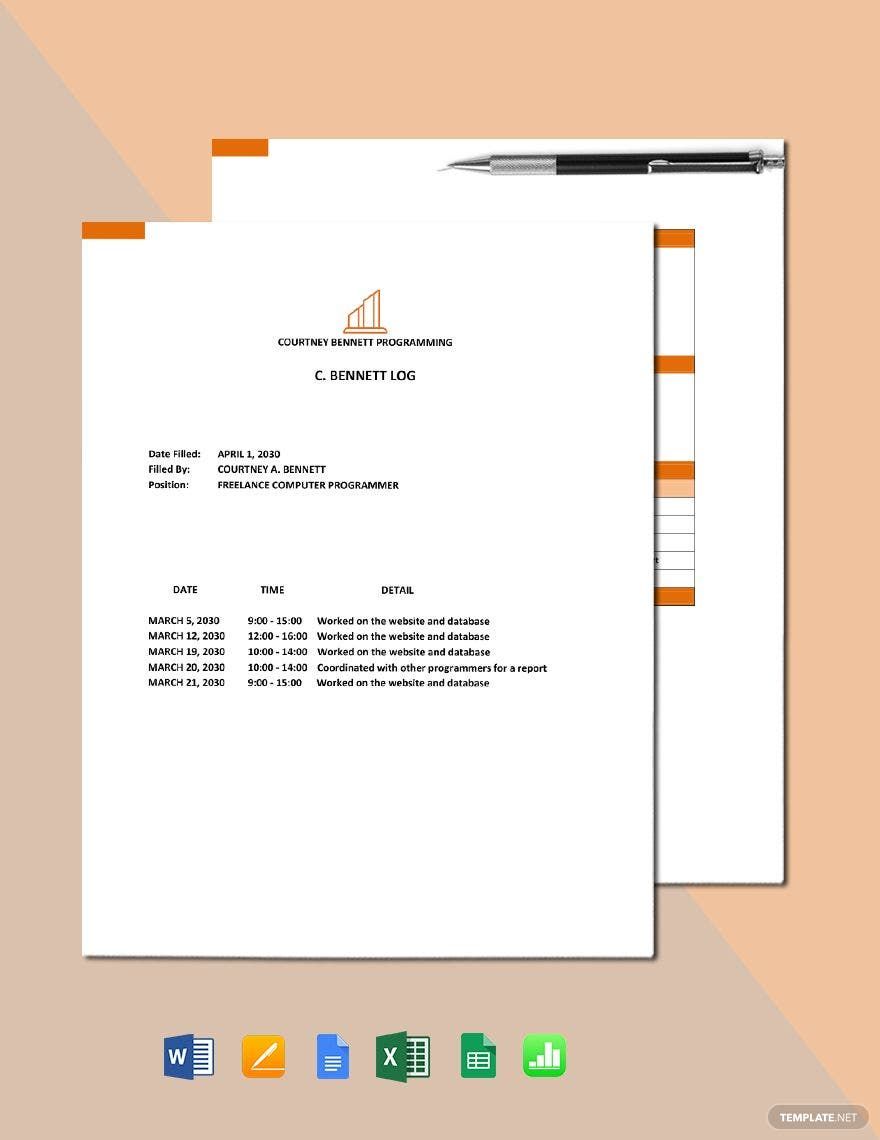 Freelance Work Log Template in Pages, Apple Numbers, Excel, Word, Google Docs, Google Sheets - Download | Template.net Freelance Work Log Template in Pages, Apple Numbers, Excel, Word, Google Docs, Google Sheets - Download | Template.net