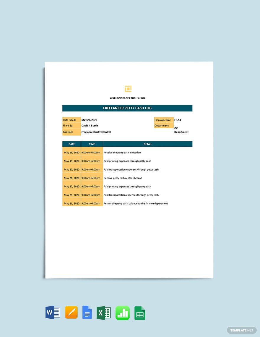 Freelancer Petty Cash Log Template in Pages, Apple Numbers, Excel, Word, Google Docs, Google Sheets - Download | Template.net Freelancer Petty Cash Log Template in Pages, Apple Numbers, Excel, Word, Google Docs, Google Sheets - Download | Template.net