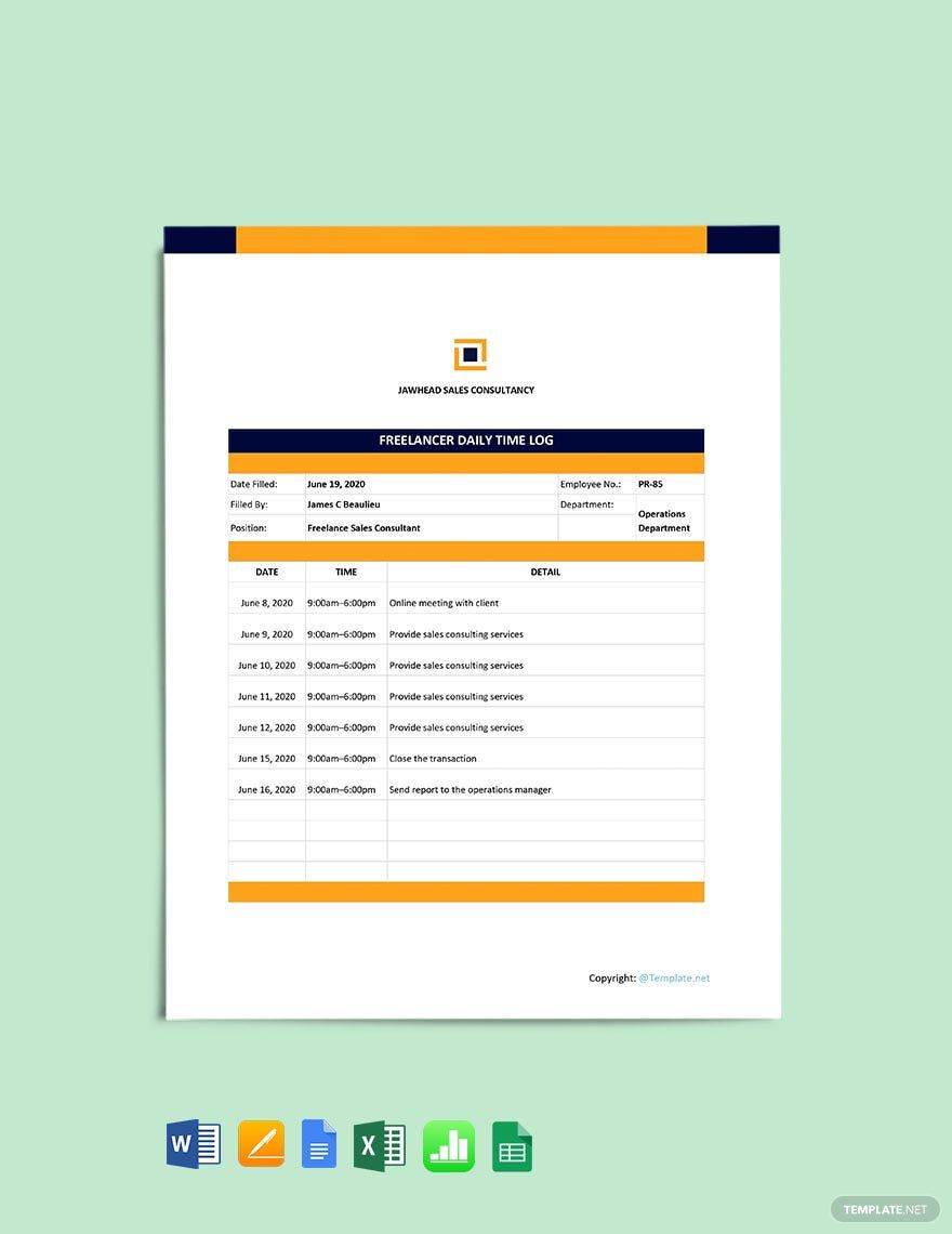 Basic Freelancer Daily Log Template in Word, Pages, Apple Numbers, Excel, Google Docs, Google Sheets - Download | Template.net Basic Freelancer Daily Log Template in Word, Pages, Apple Numbers, Excel, Google Docs, Google Sheets - Download | Template.net