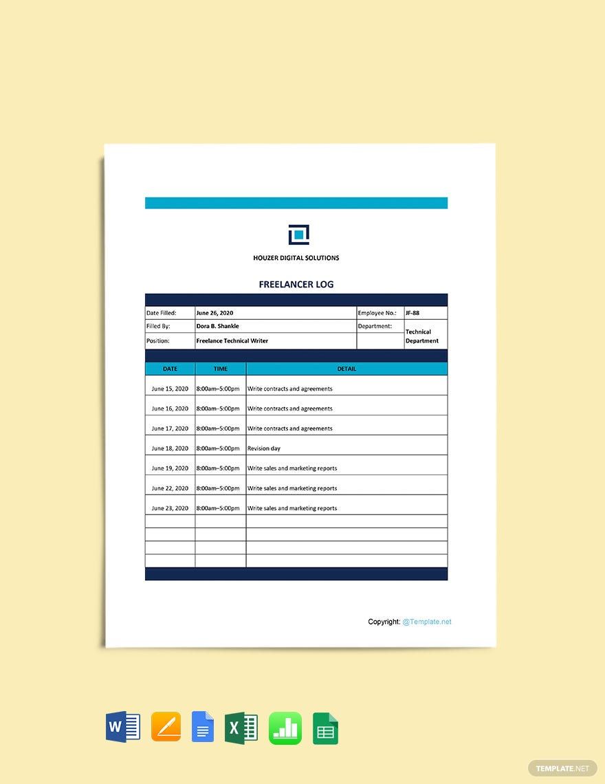 Sample Freelancer Log Template in Word, Apple Numbers, Pages, Excel, Google Docs, Google Sheets - Download | Template.net Sample Freelancer Log Template in Word, Apple Numbers, Pages, Excel, Google Docs, Google Sheets - Download | Template.net