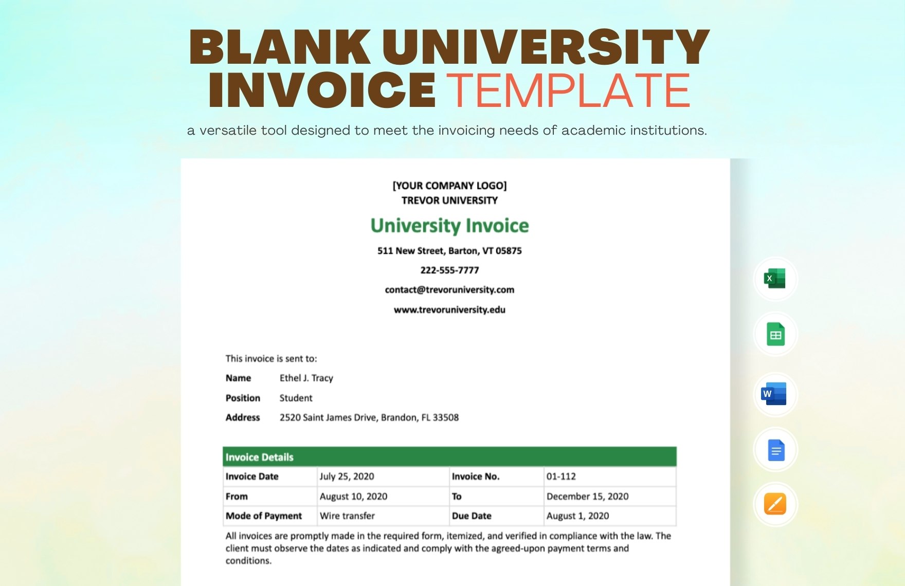 Blank University Invoice Template in Google Sheets, Google Docs, Word, Excel, Apple Pages - Download | Template.net Blank University Invoice Template in Google Sheets, Google Docs, Word, Excel, Apple Pages - Download | Template.net