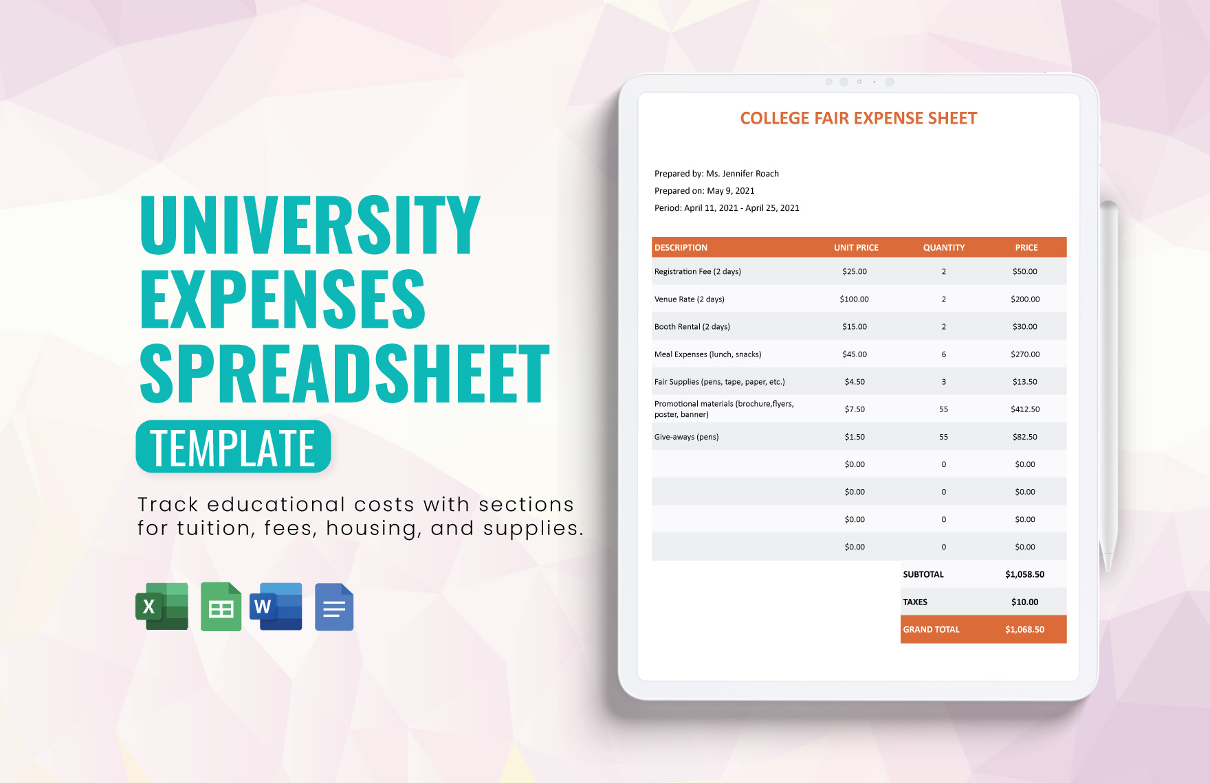 University Expenses Spreadsheet Template in Google Sheets, Excel, Word, Google Docs - Download | Template.net University Expenses Spreadsheet Template in Google Sheets, Excel, Word, Google Docs - Download | Template.net