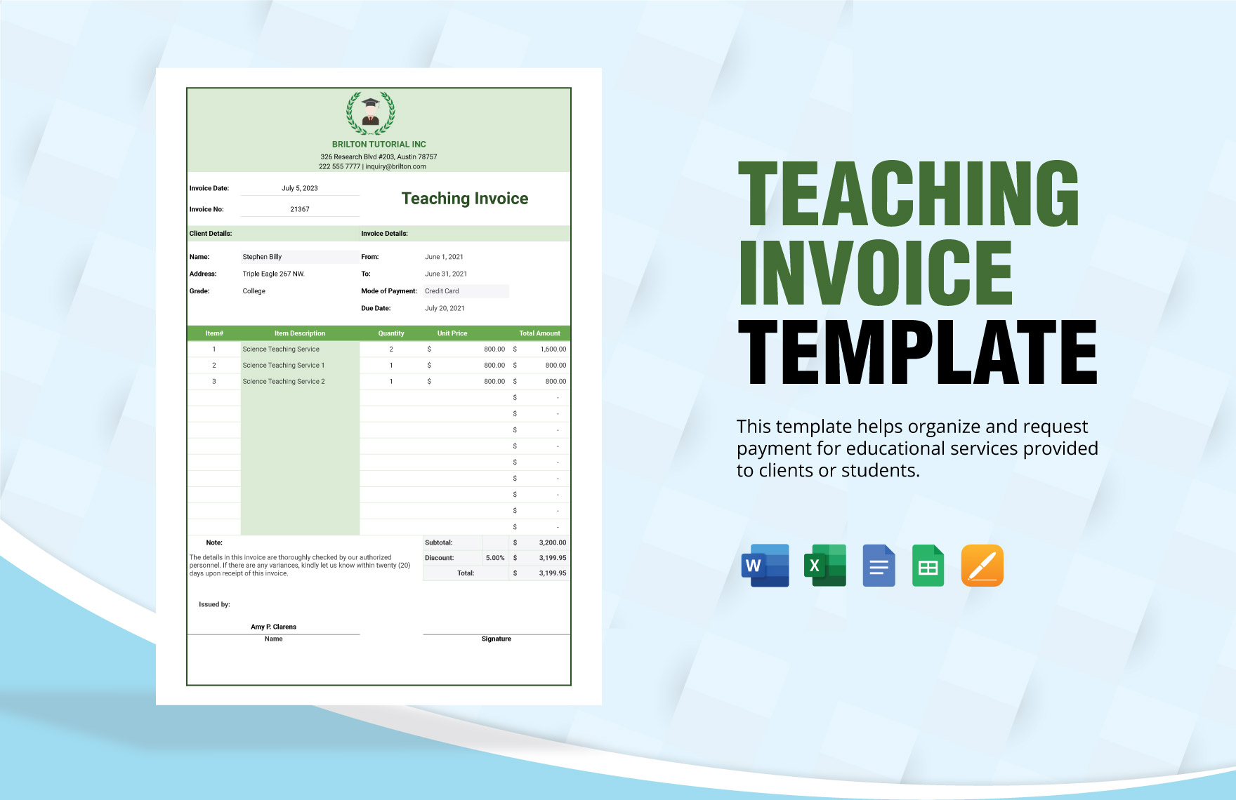 Teaching Invoice Template in Word, Google Docs, Apple Pages, Excel, Google Sheets - Download | Template.net Teaching Invoice Template in Word, Google Docs, Apple Pages, Excel, Google Sheets - Download | Template.net