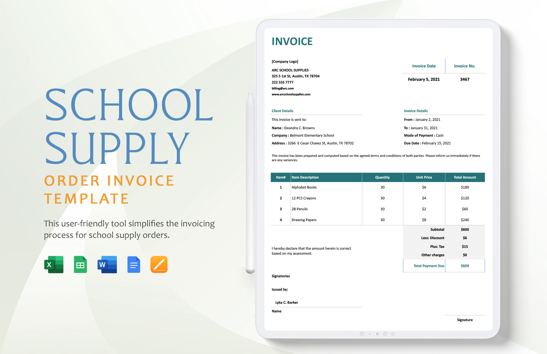 School Supply Order Invoice Template in Google Docs, Google Sheets, Word, Excel, Apple Pages - Download | Template.net School Supply Order Invoice Template in Google Docs, Google Sheets, Word, Excel, Apple Pages - Download | Template.net