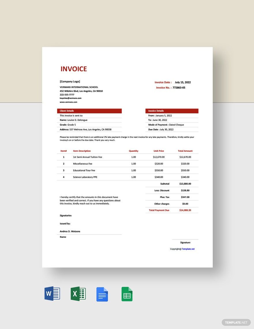 Simple School Invoice Template Simple School Invoice Template
