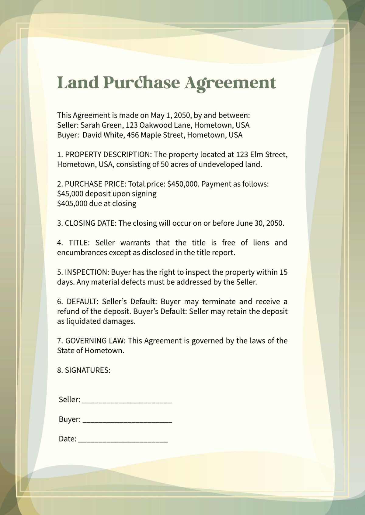 Free One Page Land Purchase Agreement Template to Edit Online Free One Page Land Purchase Agreement Template to Edit Online