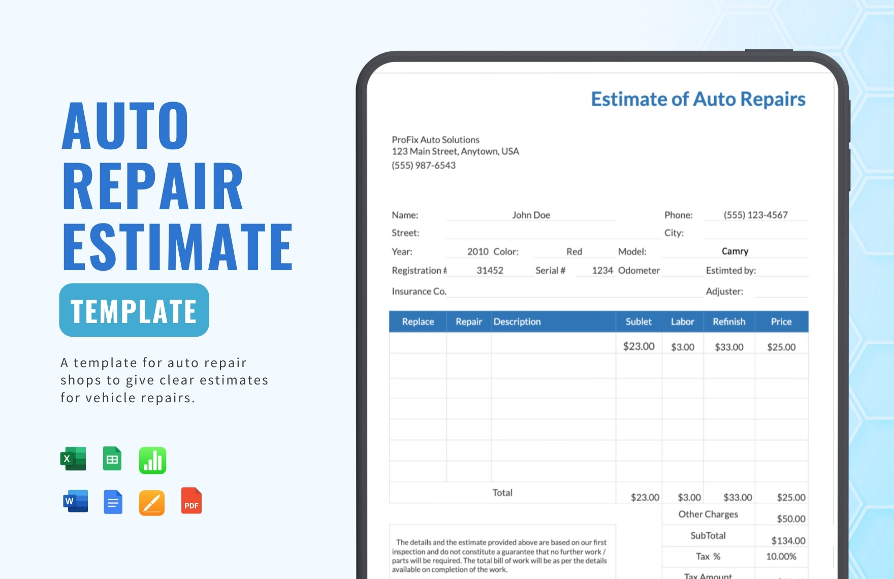 Simple Auto Repair Estimate Template Simple Auto Repair Estimate Template