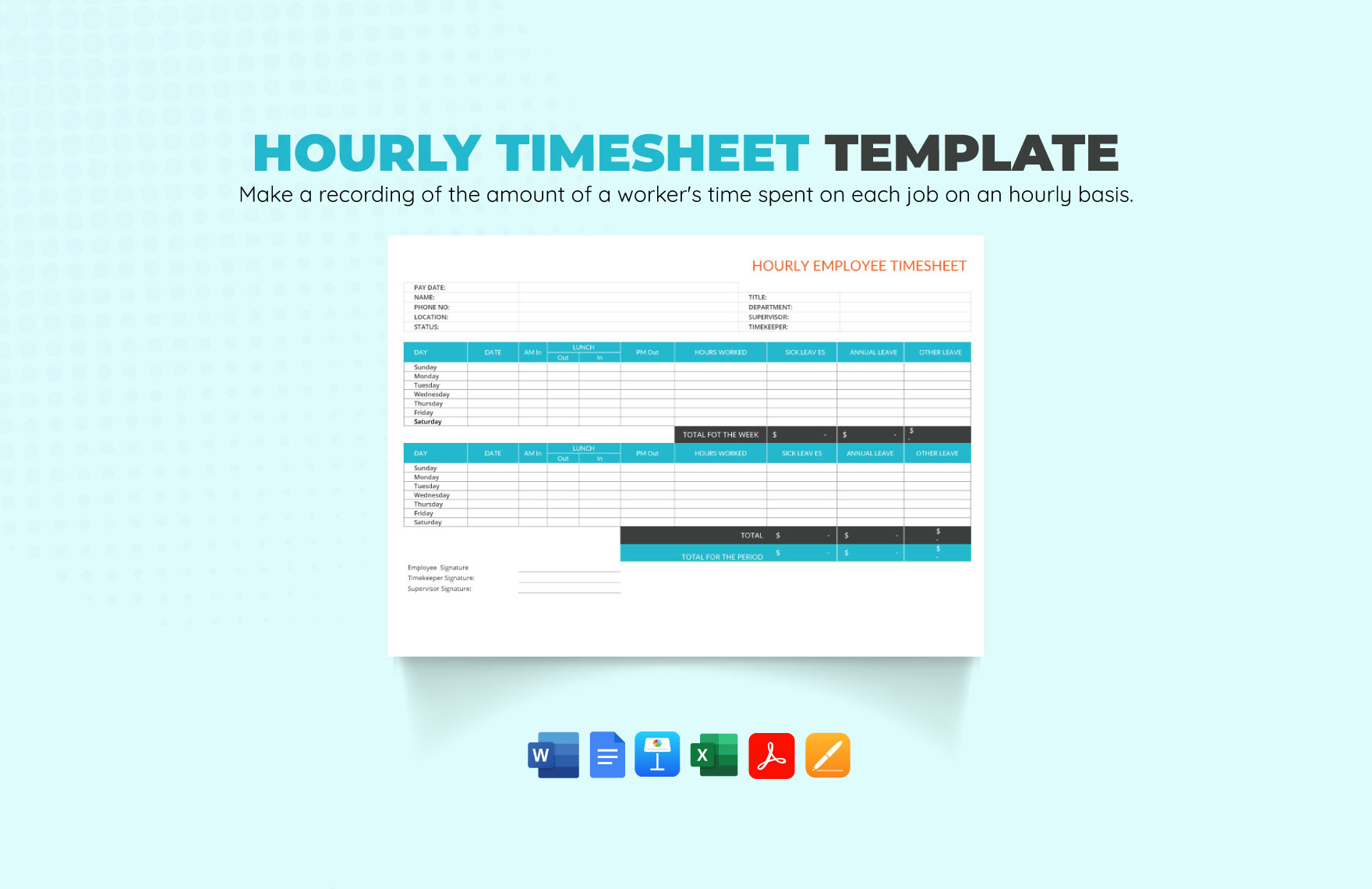 Hourly Timesheet Template in Word, Excel, Apple Pages, Apple Numbers, PDF, Google Docs - Download | Template.net Hourly Timesheet Template in Word, Excel, Apple Pages, Apple Numbers, PDF, Google Docs - Download | Template.net