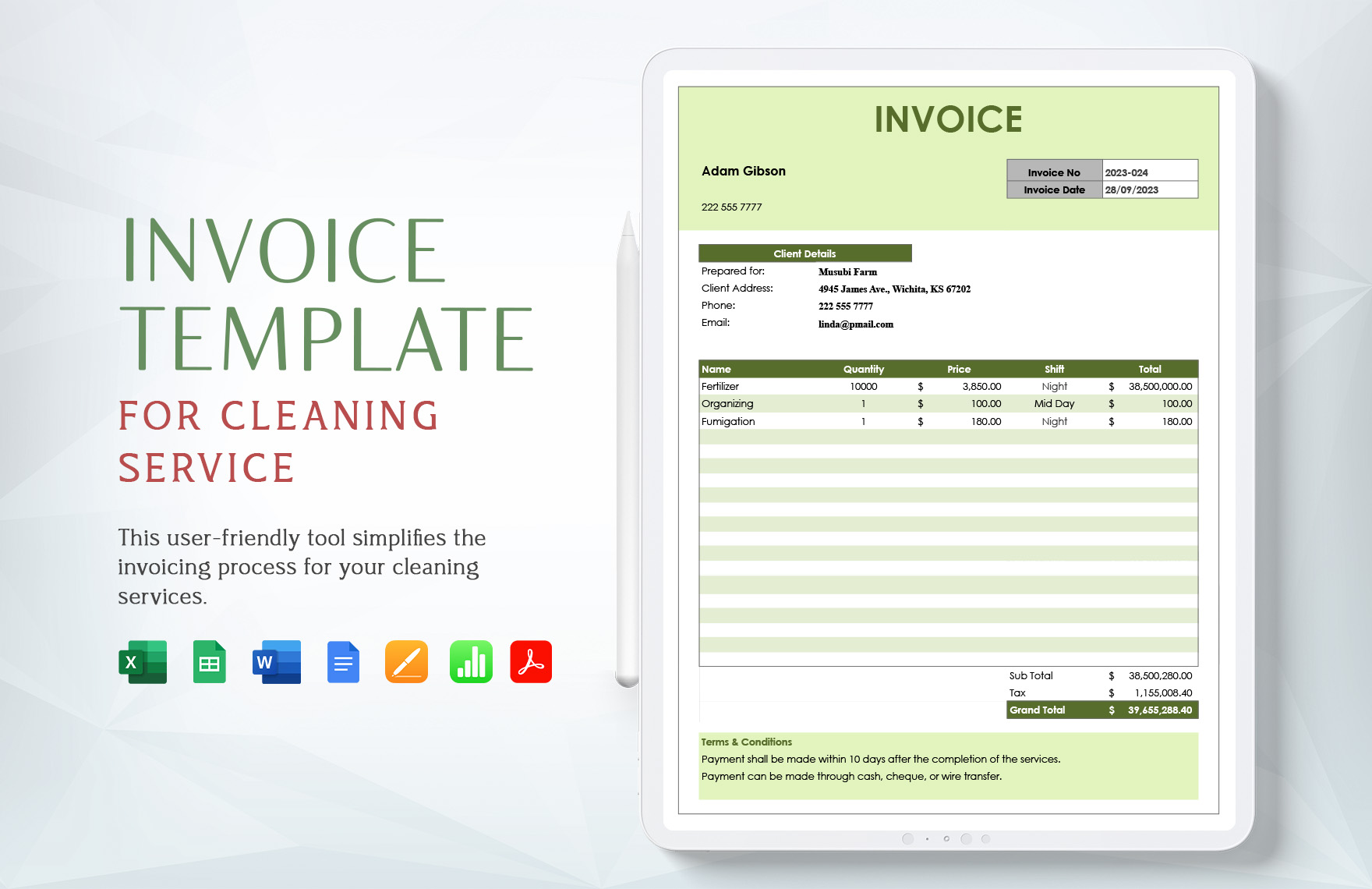Invoice Template for Cleaning Service in Apple Pages, Excel, Google Sheets, Word, Google Docs, PDF, Apple Numbers, InDesign - Download | Template.net Invoice Template for Cleaning Service in Apple Pages, Excel, Google Sheets, Word, Google Docs, PDF, Apple Numbers, InDesign - Download | Template.net