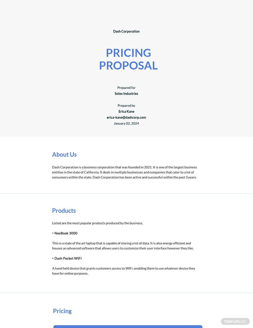 Business Pricing Proposal Template in Pages, Word, Google Docs - Download | Template.net Business Pricing Proposal Template in Pages, Word, Google Docs - Download | Template.net