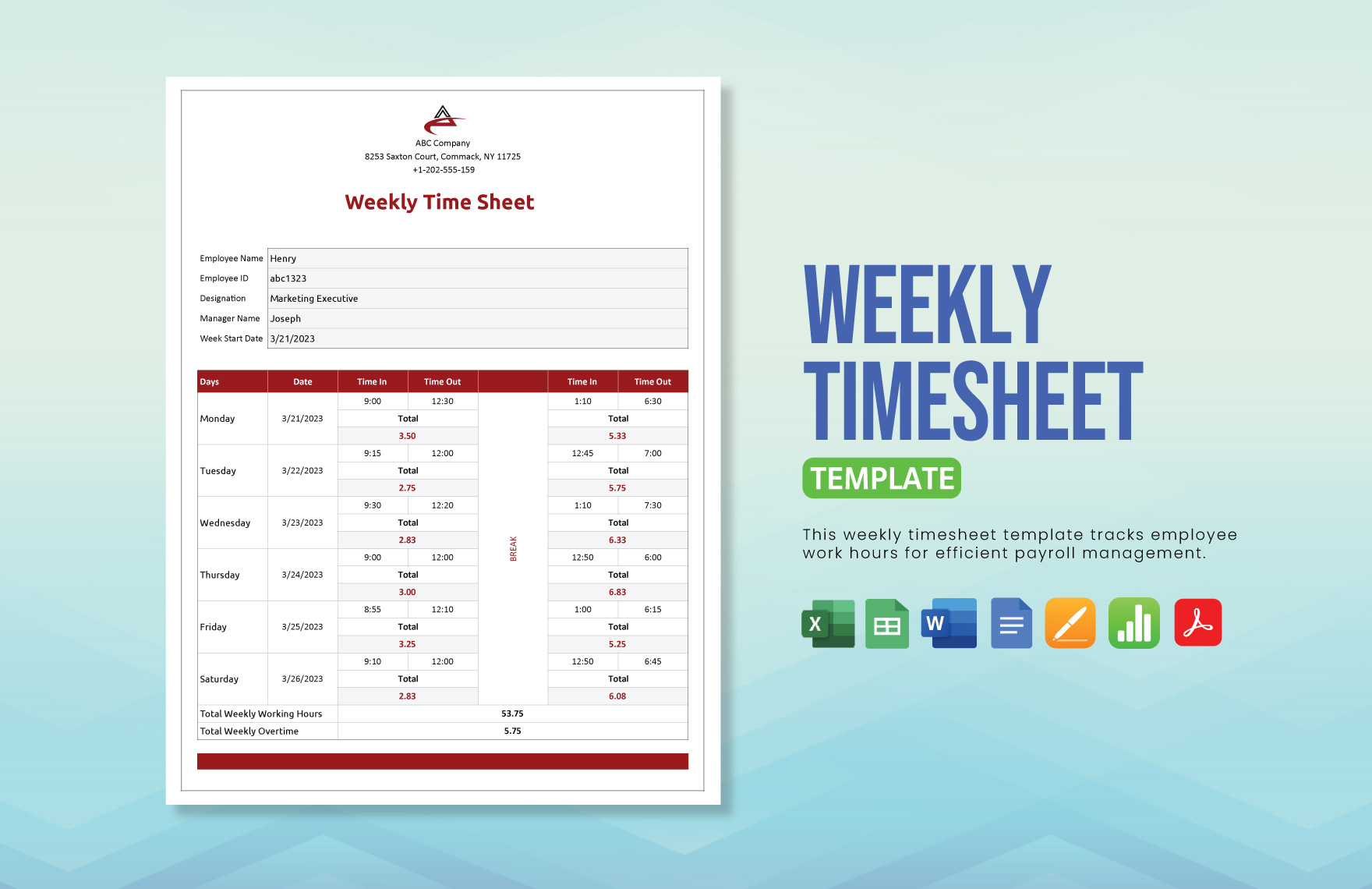 Weekly Timesheet Template in Word, Excel, Apple Pages, PDF, Apple Numbers - Download | Template.net Weekly Timesheet Template in Word, Excel, Apple Pages, PDF, Apple Numbers - Download | Template.net