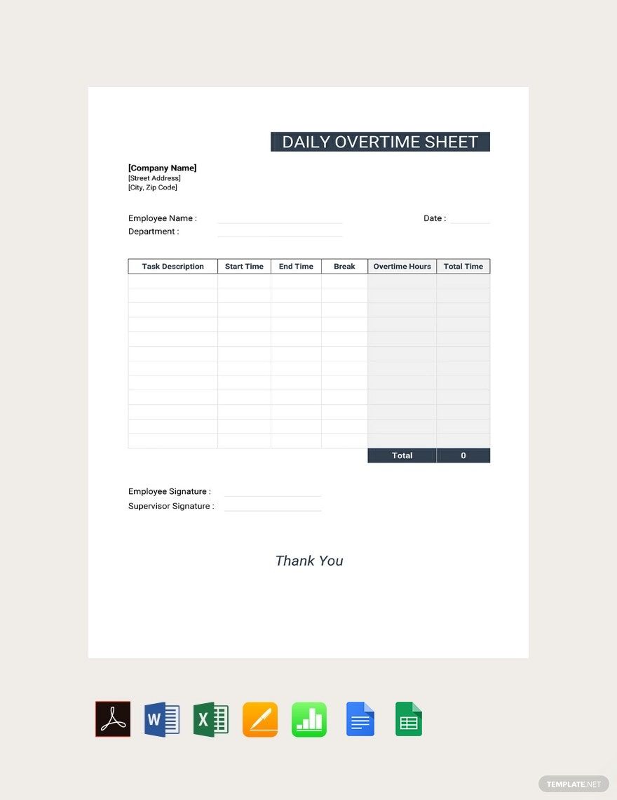 Daily Overtime Sheet Template in PDF, Word, Excel, Pages, Apple Numbers, Google Docs, Google Docs, Google Sheets - Download | Template.net Daily Overtime Sheet Template in PDF, Word, Excel, Pages, Apple Numbers, Google Docs, Google Docs, Google Sheets - Download | Template.net