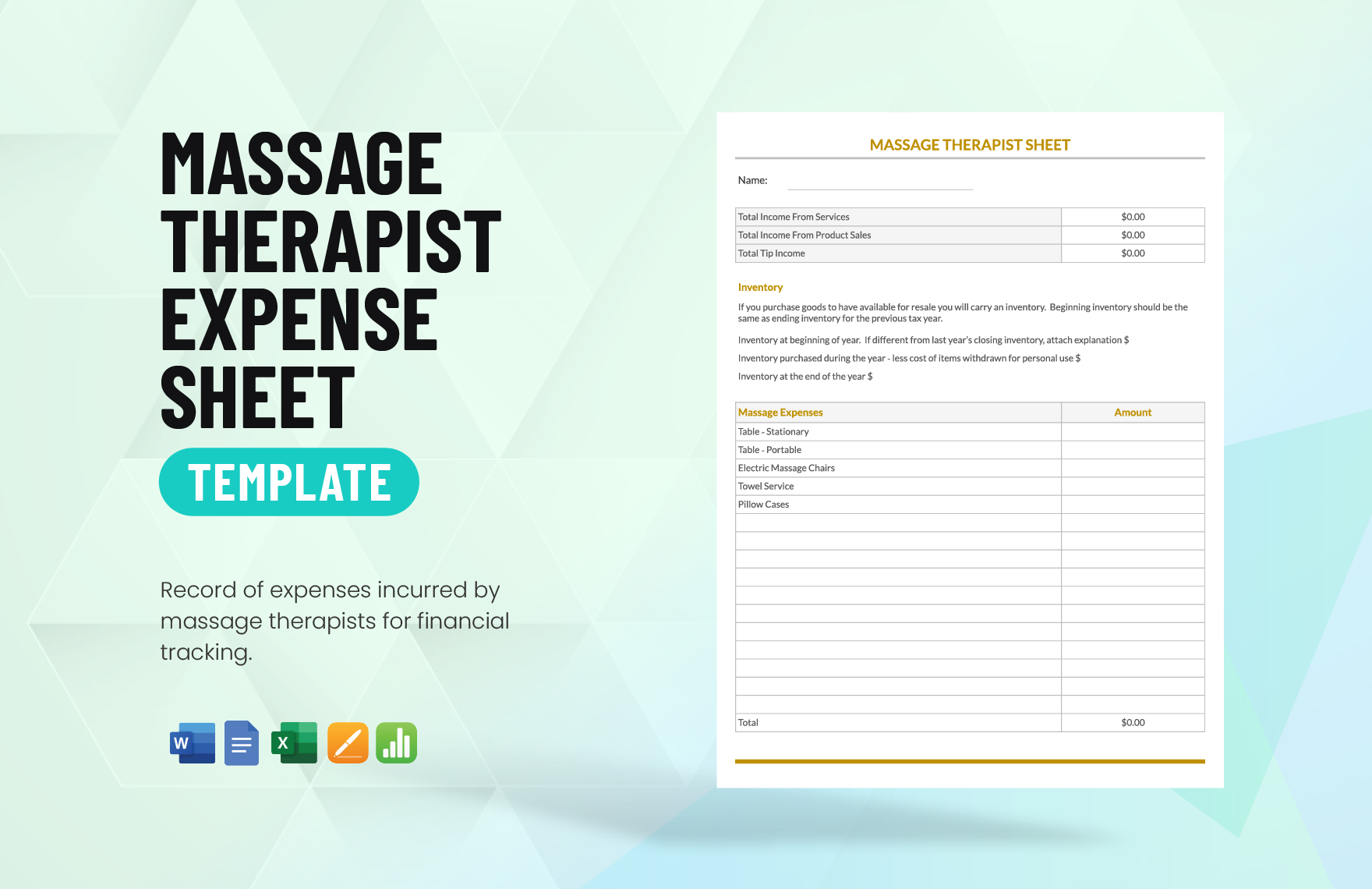 Massage Therapist Expense Sheet Template in Word, Excel, Apple Pages, Apple Numbers, Google Docs - Download | Template.net Massage Therapist Expense Sheet Template in Word, Excel, Apple Pages, Apple Numbers, Google Docs - Download | Template.net