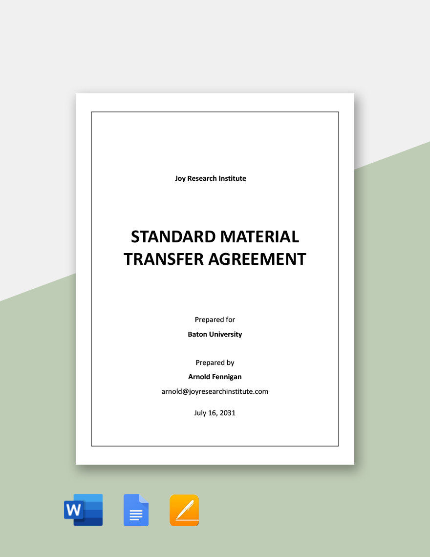 Standard Material Transfer Agreement Template in Word, Google Docs, Pages - Download | Template.net Standard Material Transfer Agreement Template in Word, Google Docs, Pages - Download | Template.net