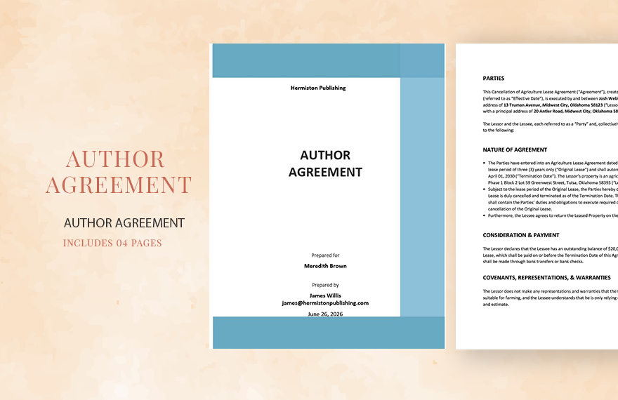 Standard Author Agreement Template in Word, PDF, Google Docs, Pages - Download | Template.net Standard Author Agreement Template in Word, PDF, Google Docs, Pages - Download | Template.net