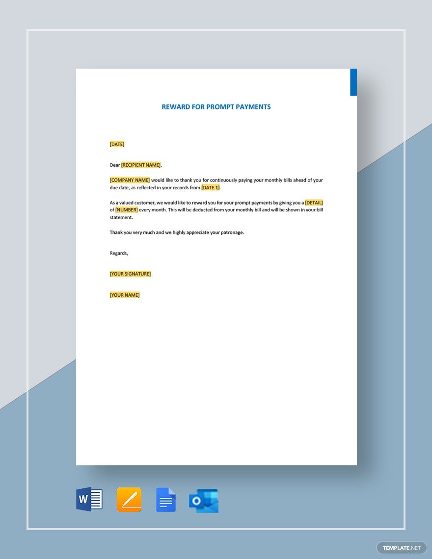 Reward for Prompt Payments Template in Google Docs, Pages, Word, Outlook, PDF - Download | Template.net Reward for Prompt Payments Template in Google Docs, Pages, Word, Outlook, PDF - Download | Template.net