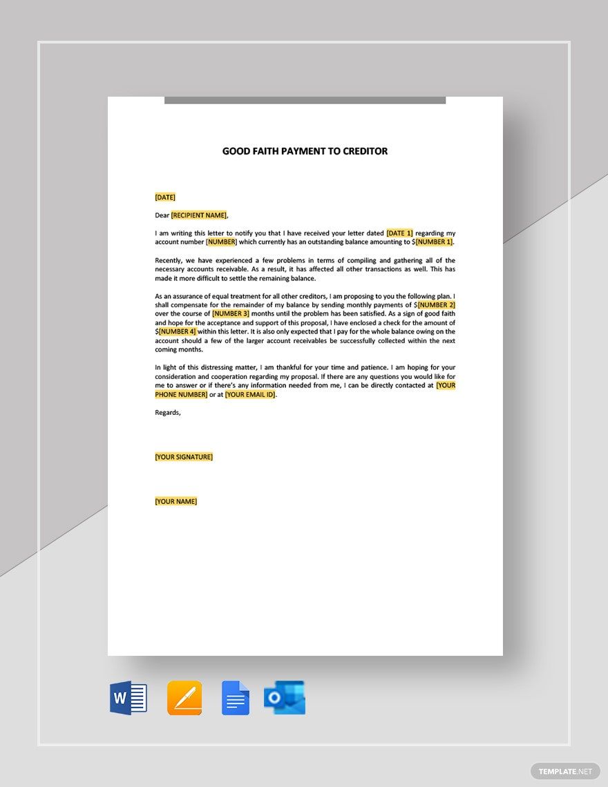 Good Faith Partial Payment to Creditor Template in Google Docs, Pages, Word, Outlook, PDF - Download | Template.net Good Faith Partial Payment to Creditor Template in Google Docs, Pages, Word, Outlook, PDF - Download | Template.net