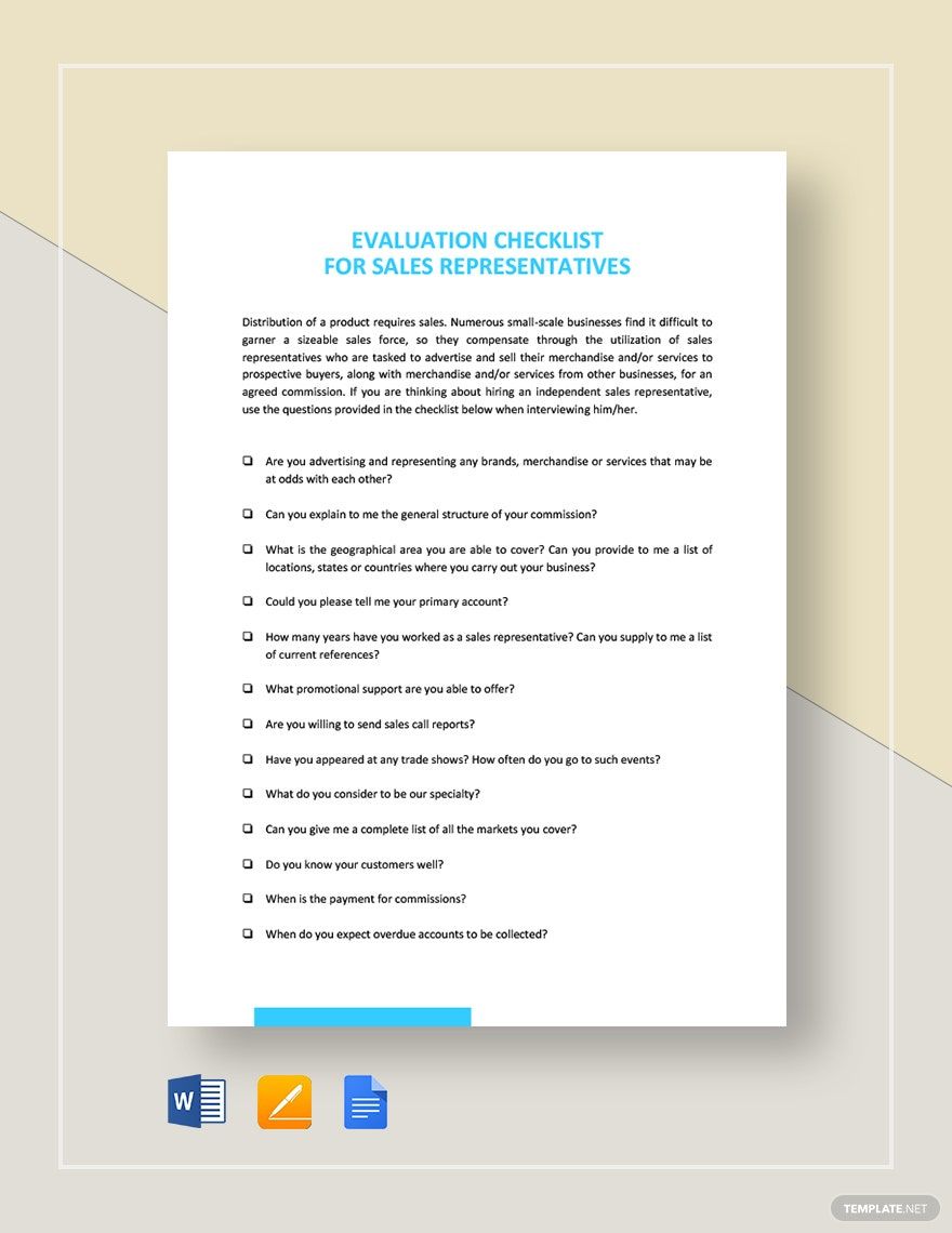 Checklist Sales Representative Evaluation Template in Google Docs, Word, Pages - Download | Template.net Checklist Sales Representative Evaluation Template in Google Docs, Word, Pages - Download | Template.net
