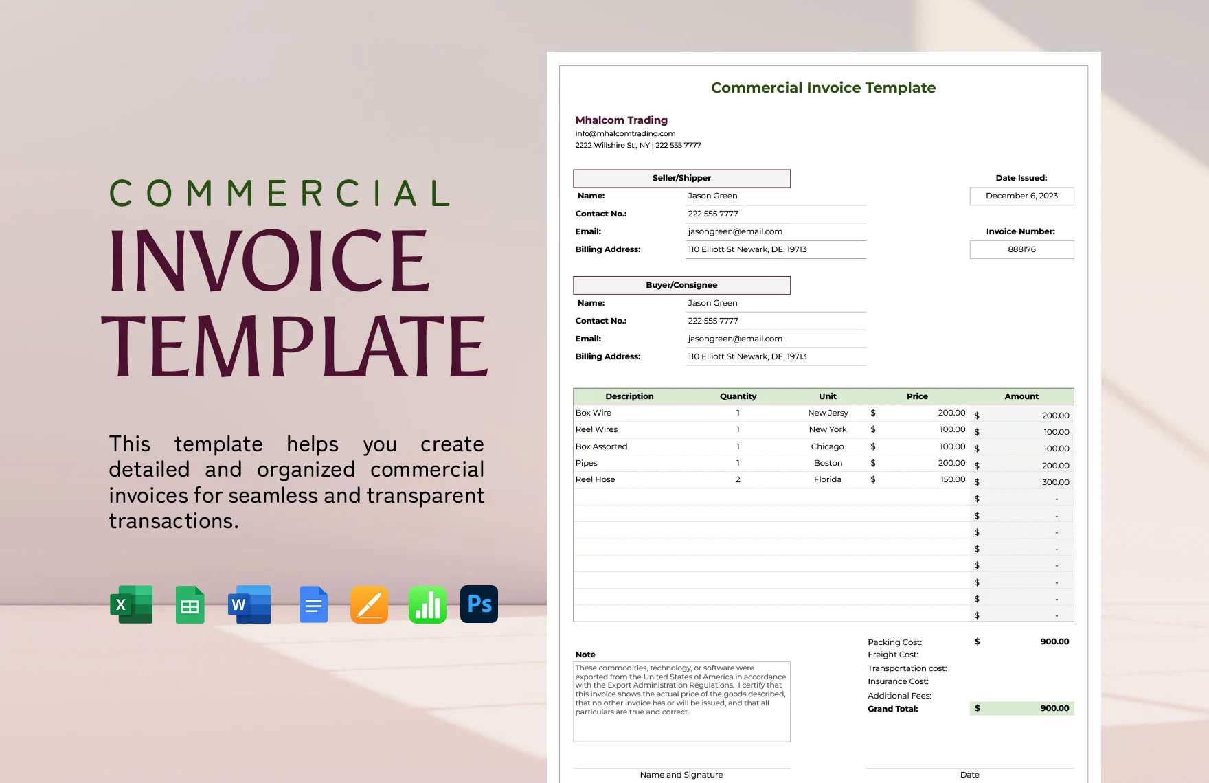 Commercial Invoice Template in Google Docs, Apple Pages, Apple Numbers, Word, Excel, Google Sheets, PSD, PDF - Download | Template.net Commercial Invoice Template in Google Docs, Apple Pages, Apple Numbers, Word, Excel, Google Sheets, PSD, PDF - Download | Template.net