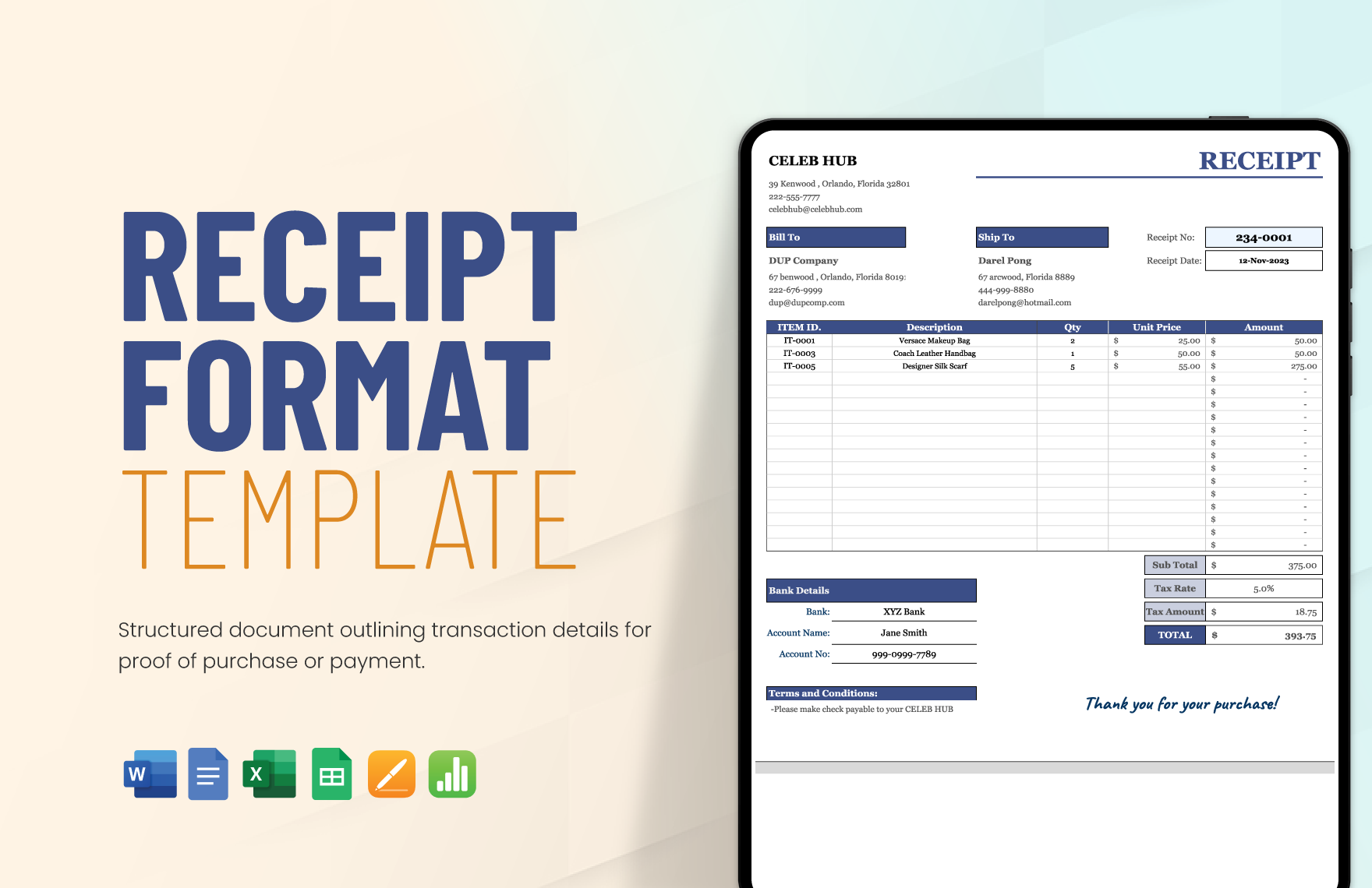 Receipt Format Template in Apple Pages, Apple Numbers, Word, Google Docs, Google Sheets, Excel - Download | Template.net Receipt Format Template in Apple Pages, Apple Numbers, Word, Google Docs, Google Sheets, Excel - Download | Template.net