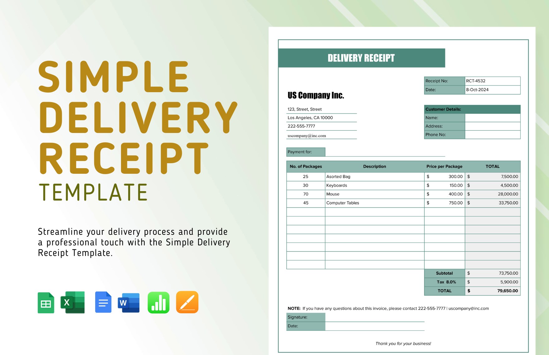 Simple Delivery Receipt Template in Google Docs, Word, Apple Pages, Excel, Google Sheets, Apple Numbers - Download | Template.net Simple Delivery Receipt Template in Google Docs, Word, Apple Pages, Excel, Google Sheets, Apple Numbers - Download | Template.net